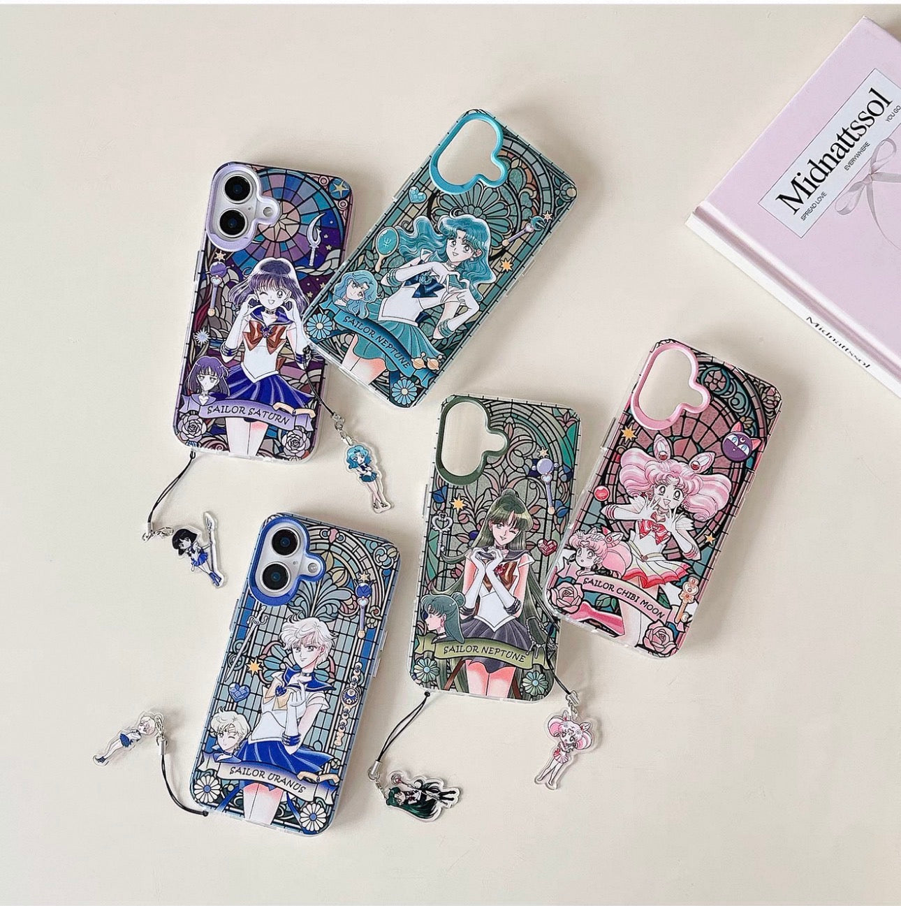 Japanese Cartoon Sailor Moon Phone Case with Strap Comic Version | Laser Glass Window Sailor Uranus Neptune Pluto Saturn Chibi Moon - iPhone Case PLUS SE2 11 12 13 14 15 16 16e 17 17e Pro Promax 12mini 13mini