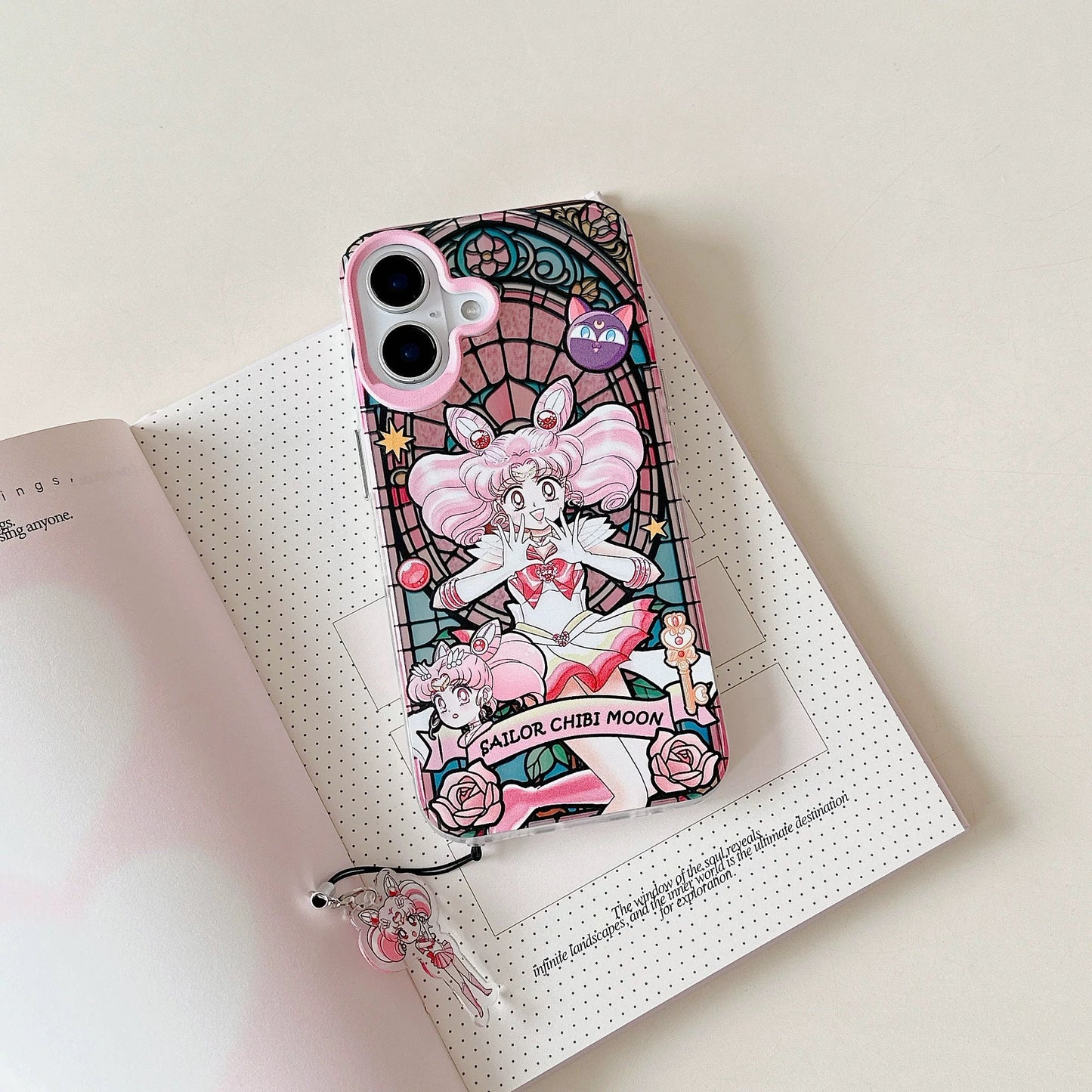 Japanese Cartoon Sailor Moon Phone Case with Strap Comic Version | Laser Glass Window Sailor Uranus Neptune Pluto Saturn Chibi Moon - iPhone Case PLUS SE2 11 12 13 14 15 16 16e 17 17e Pro Promax 12mini 13mini