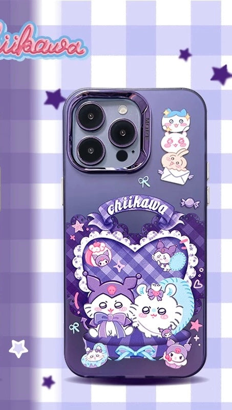Japanese Cartoon ChiiKawa | Sweet Heart with Chiikawa My Melody Hachiware Hello Kitty Usagi Pompompurin Momonga Kuromi Laser - iPhone Case 11 12 13 14 15 16 Pro Promax KawaiiGiftLand