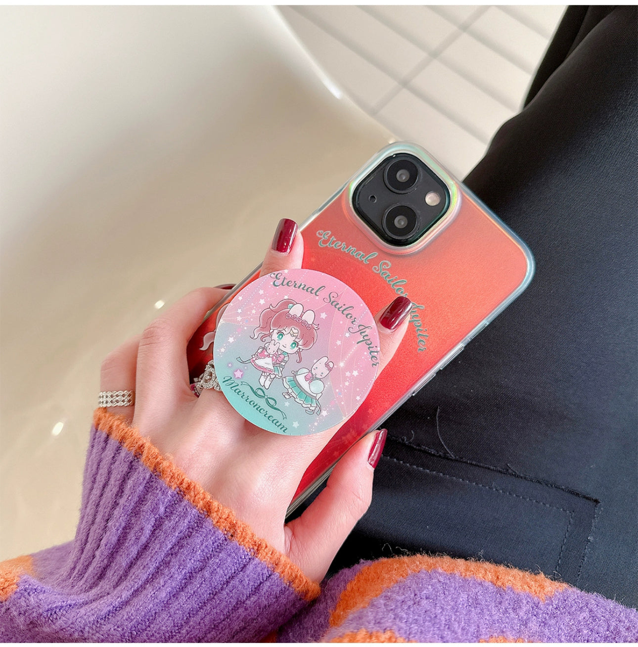Japanese Cartoon iPhone Case with Strap | Laser Sailor Girl X My Melody Piano Marron Cream - iPhone Case Phone Case 7 8 PLUS SE2 XS XR X 11 12 13 14 15 16 Pro Promax 12mini 13mini KawaiiGiftLand