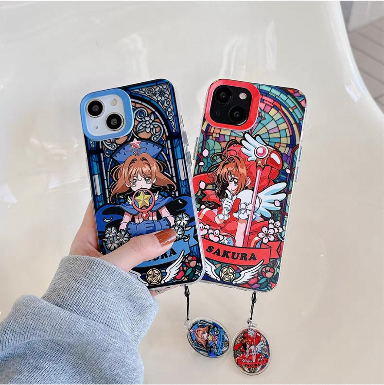 Japanese Cartoon CardCaptorSakura Glass Window Version with Strap & Stand | Red Blue Yellow - iPhone Case 6 7 8 PLUS SE2 XS XR X 11 12 13 14 15 Pro Promax 12mini 13mini KawaiiGiftLand