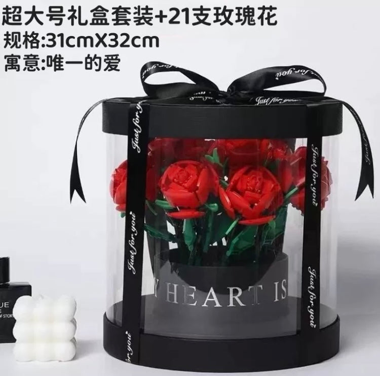 Block Building Romantic Elernal Flowers Bouquet Gift Box | Pink Red Blue White Rose - with LED Lights Valentine Wedding Gift DIY Handmade Gift