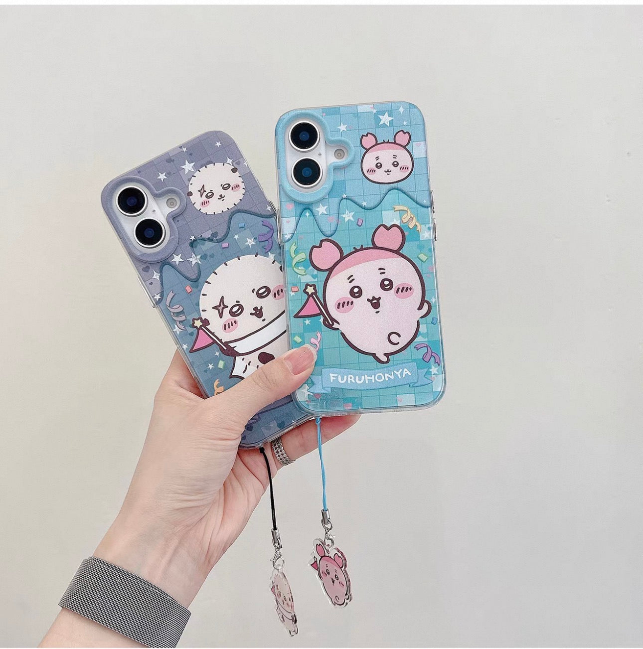 Japanese Cartoon ChiiKawa iPhone Laser Case with Strap | Happy Party Rakko Kurimanju Shisa Furuhonya - Phone Case Samsung Galaxy S26 S25 S24 S23 S22 S21 FE Ultra Edge