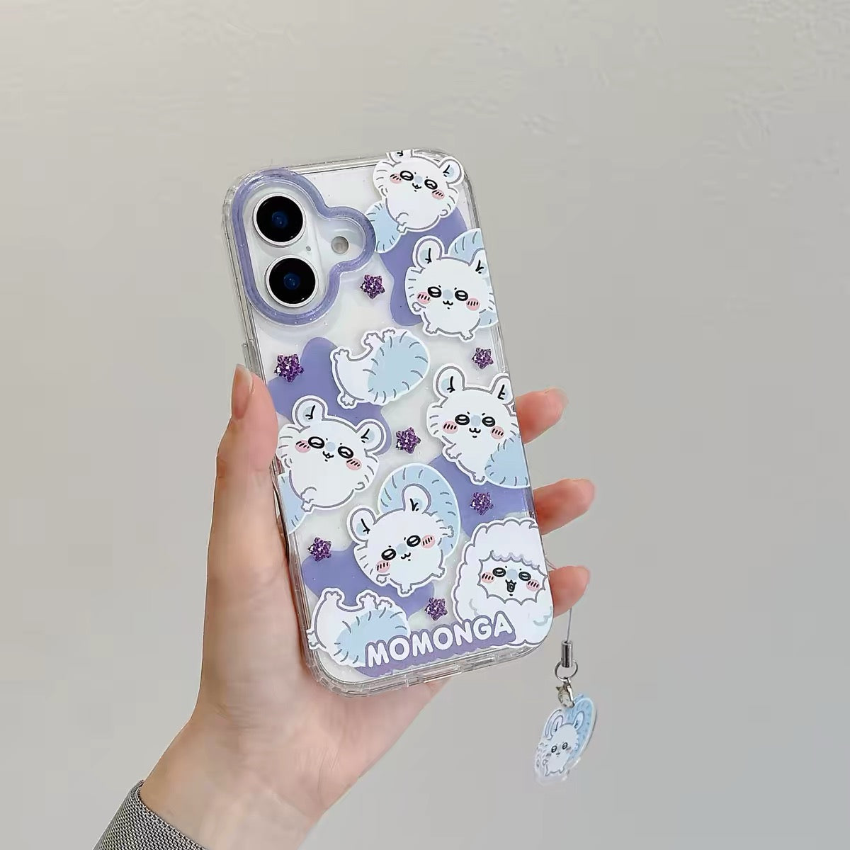 Japanese Cartoon ChiiKawa Gittler Colour Clear Case with Phone Strap | Full Emo Chiikawa Hachiware Usagi Momonga - iPhone Case Plus SE2 11 12 13 14 15 16 16e 17 17e 18 Pro Promax 12mini 13mini