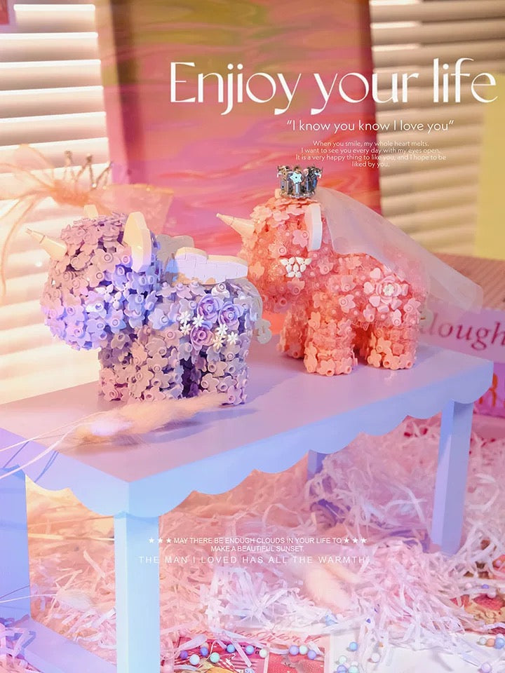 Mini Block Building Block Flower Unicorn | Pink Purple - with LED Lights Valentine Wedding Gift DIY Handmade Gift