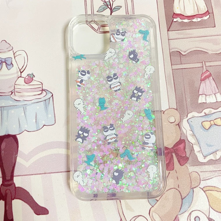 Japanese Cartoon Bad Badtz Maru Xo with friends Panda  -  Glitter QuickSand iPhone Case 6 7 8 PLUS SE2 XS XR X 11 12 13 14 15 16 Pro Promax 12mini 13mini KawaiiGiftLand