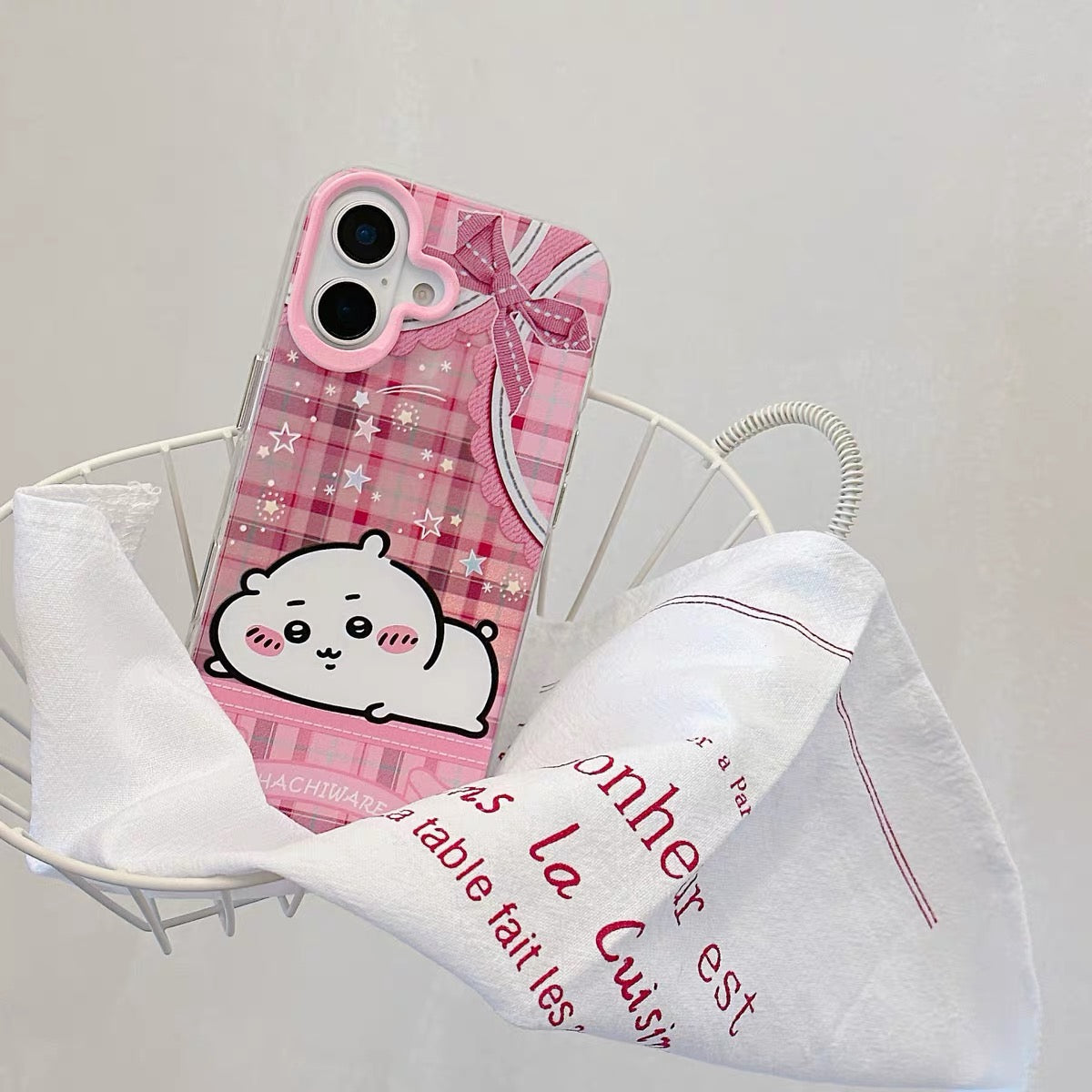 Japanese Cartoon ChiiKawa Laying with Lace Ribbon Laser Case | Chiikawa Hachiware Usagi Momonga - iPhone Case Plus SE2 11 12 13 14 15 16 16e 17 17e 18 Pro Promax 12mini 13mini