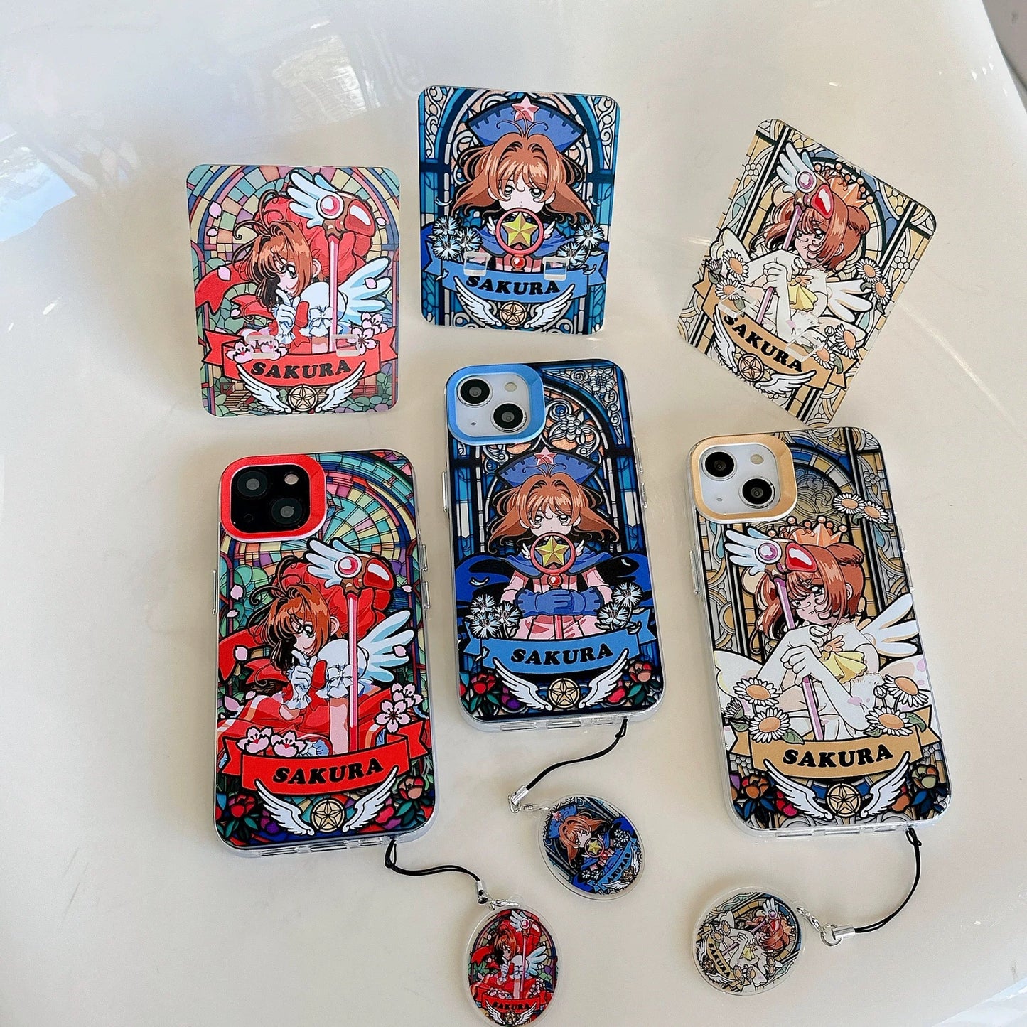 Japanese Cartoon CardCaptorSakura Glass Window Version with Strap & Stand | Red Blue Yellow - iPhone Case 6 7 8 PLUS SE2 XS XR X 11 12 13 14 15 Pro Promax 12mini 13mini KawaiiGiftLand