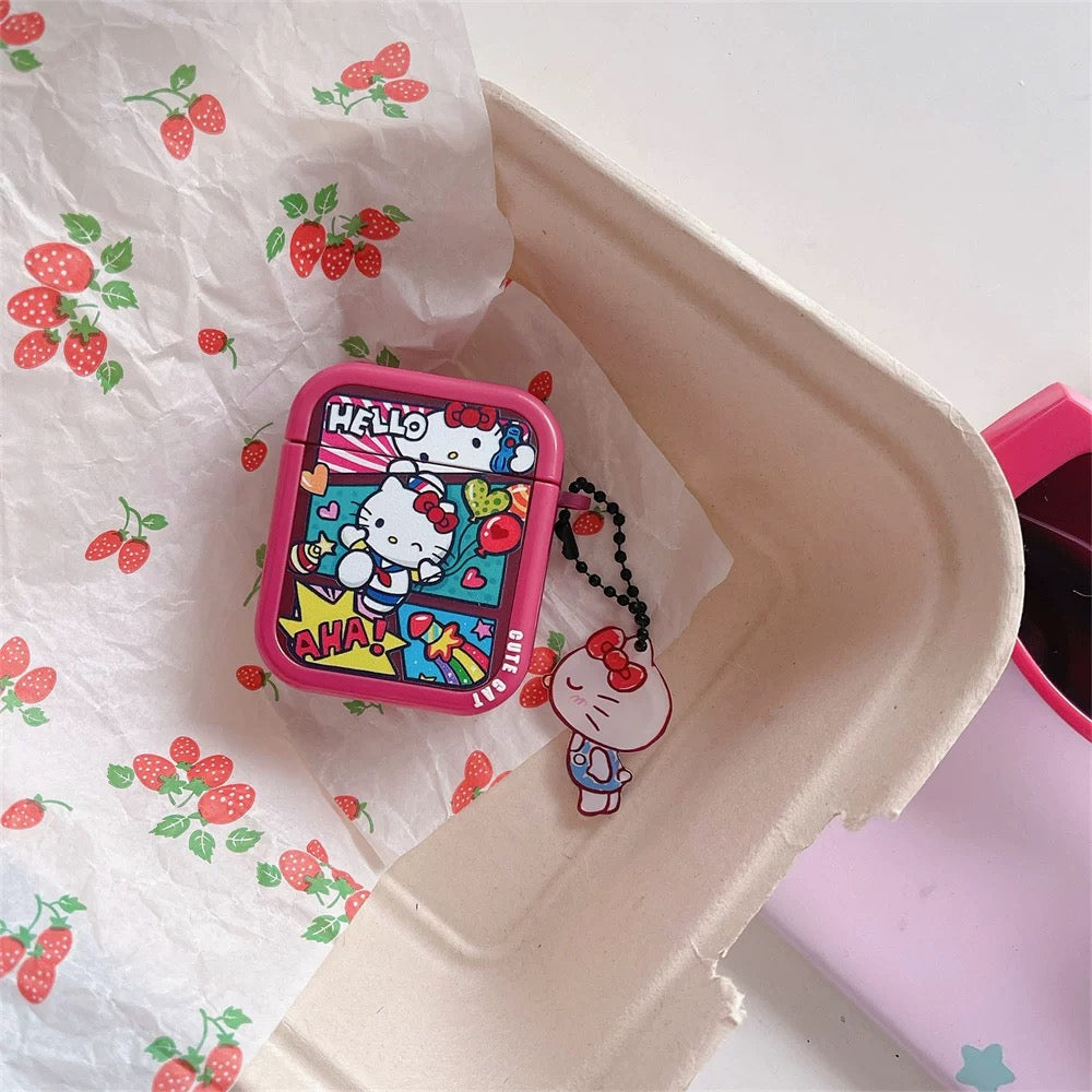 Japanese Cartoon Comics Hello Kitty Red with Keychain - AirPods AirPodsPro AirPods3 AirPods4 Case KawaiiGiftLand
