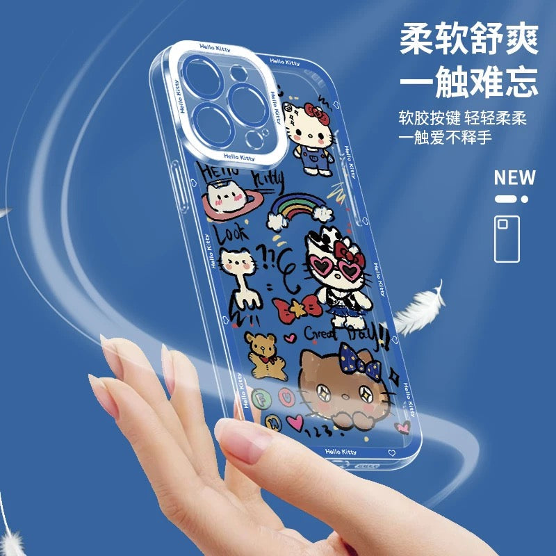 Japanese Cartoon Hello Kitty | Vintage Kitty Blue Version 5 Styles - iPhone Case PLUS SE2 XS XR X 11 12 13 14 15 16 16e 17 17e Pro Promax 12mini 13mini
