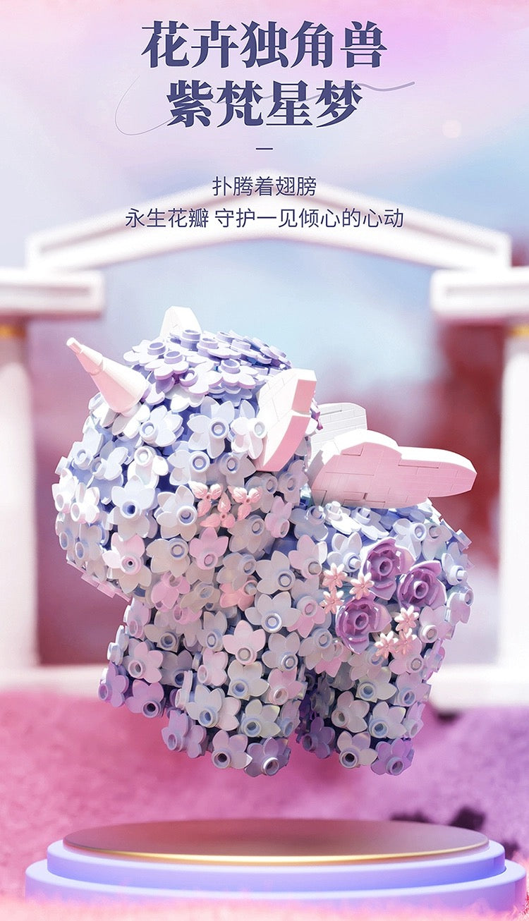 Mini Block Building Flower Unicorn | Pink Purple - with LED Lights Valentine Wedding Gift DIY Handmade Gift
