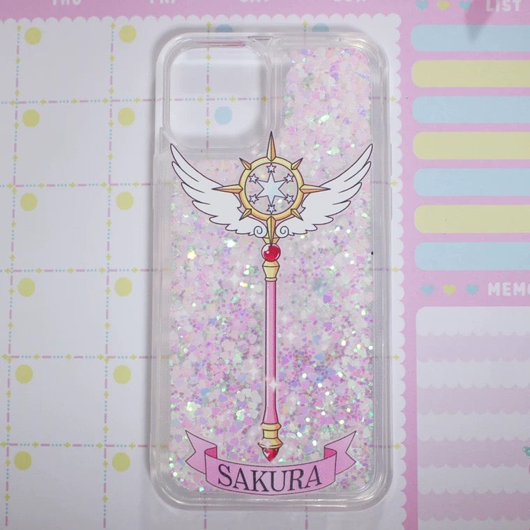 Japanese Cartoon CardCaptorSakura Magic Wand with Wings - Silver Pink Heart Glitter QuickSand iPhone Case 6 7 8 PLUS SE2 XS XR X 11 12 13 14 15 Pro Promax 12mini 13mini