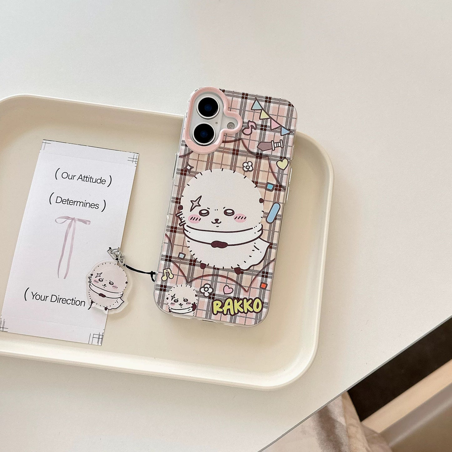 Japanese Cartoon ChiiKawa Laser Phone Case with Strap | Retro Plaid Rakko Kurimanju Shisa Furuhonya - Phone Case Samsung Galaxy S26 S25 S24 S23 S22 S21 FE Ultra Edge