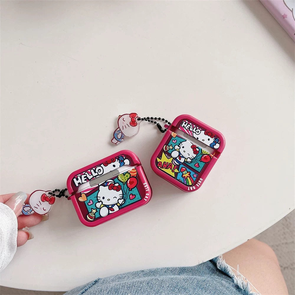 Japanese Cartoon Comics Hello Kitty Red with Keychain - AirPods AirPodsPro AirPods3 AirPods4 Case KawaiiGiftLand