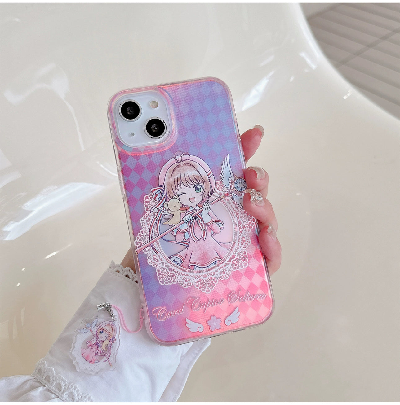 Japanese Cartoon CardCaptorSakura Phone Case with Strap | Laser Sakura Syaoran Tomoyo - iPhone Case PLUS SE2 XS XR X 11 12 13 14 15 16 Pro Promax 12mini 13mini KawaiiGiftLand