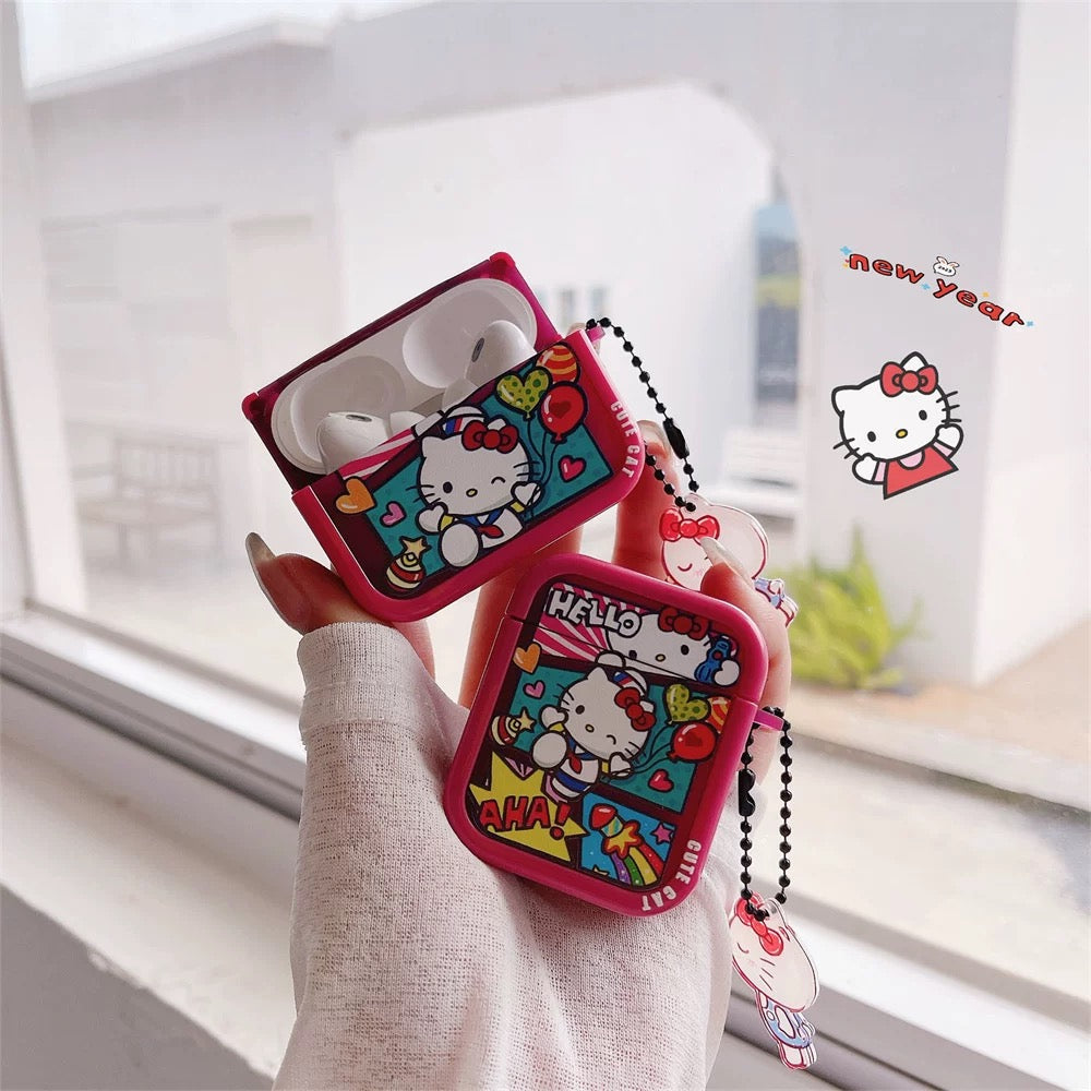 Japanese Cartoon Comics Hello Kitty Red with Keychain - AirPods AirPodsPro AirPods3 AirPods4 Case KawaiiGiftLand
