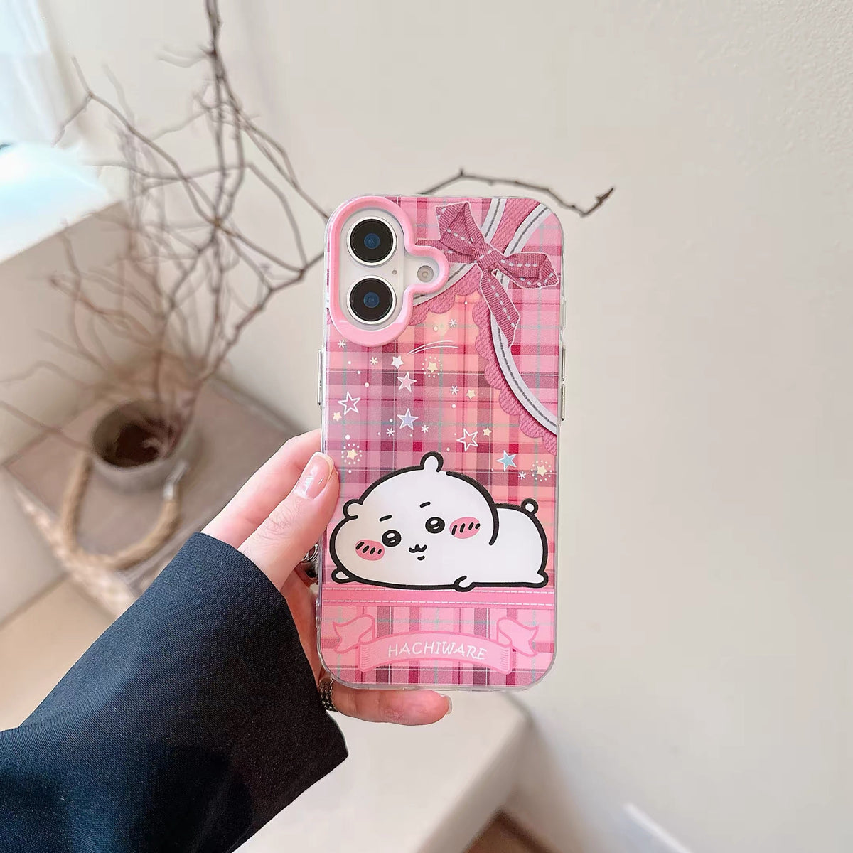 Japanese Cartoon ChiiKawa Laying with Lace Ribbon Laser Case | Chiikawa Hachiware Usagi Momonga - iPhone Case Plus SE2 11 12 13 14 15 16 16e 17 17e 18 Pro Promax 12mini 13mini