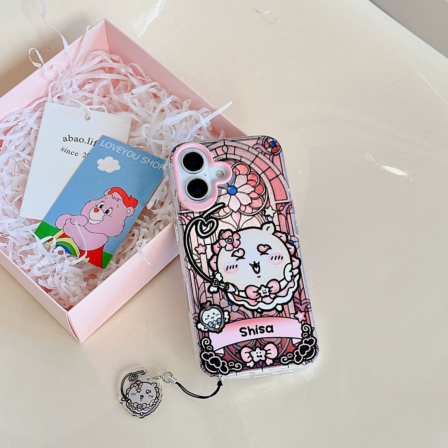 Japanese Cartoon iPhone Case with Strap | Laser Magical Girl with Glass Window Kurimanju Rakko Shisa Furuhonya Magic - iPhone Case 7 8 PLUS SE2 XS XR X 11 12 13 14 15 Pro Promax 12mini 13mini KawaiiGiftLand