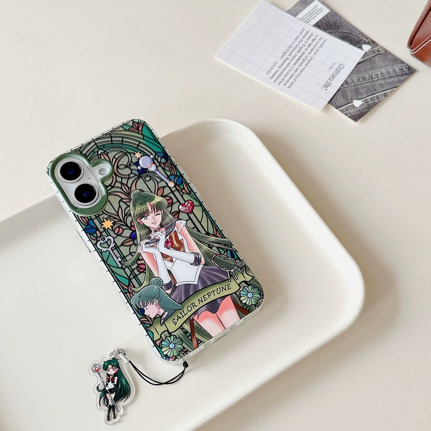 Japanese Cartoon Sailor Moon Phone Case with Strap Comic Version | Laser Glass Window Sailor Uranus Neptune Pluto Saturn Chibi Moon - iPhone Case PLUS SE2 11 12 13 14 15 16 16e 17 17e Pro Promax 12mini 13mini