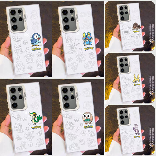 Japanese Cartoon Pokemon Matt & Silver Case Part6 | Piplup Snivy Froakie Rowlet Clodsire Jirachi Mewtwo 7 Styles - Phone Case Samsung Galaxy S26 S25 S24 S23 S22 S21 FE Ultra Edge