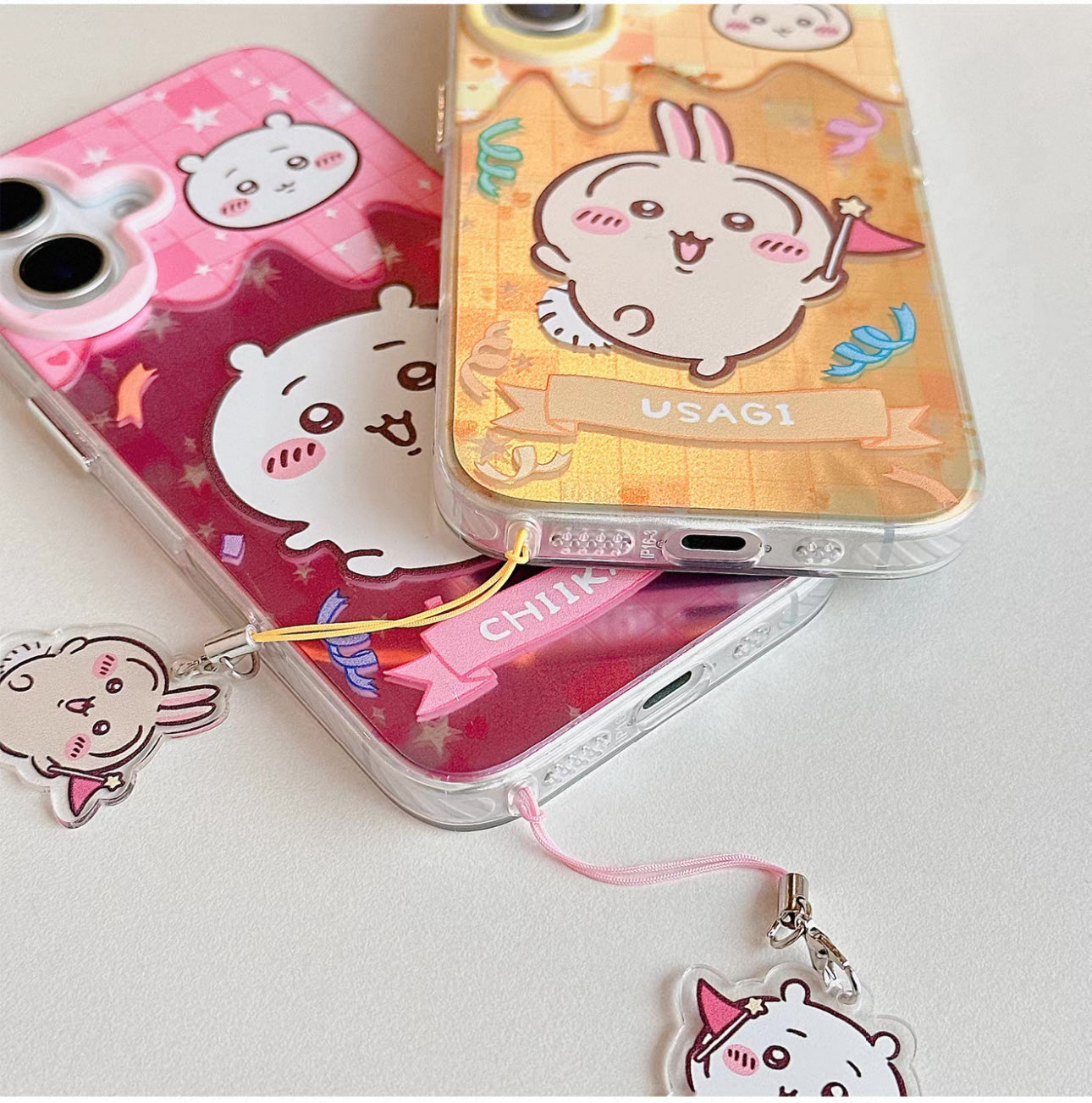 Japanese Cartoon ChiiKawa Laser Phone Case with Strap | Happy Party Chiikawa Hachiware Usagi Momonga - Phone Case Samsung Galaxy S26 S25 S24 S23 S22 S21 FE Ultra Edge