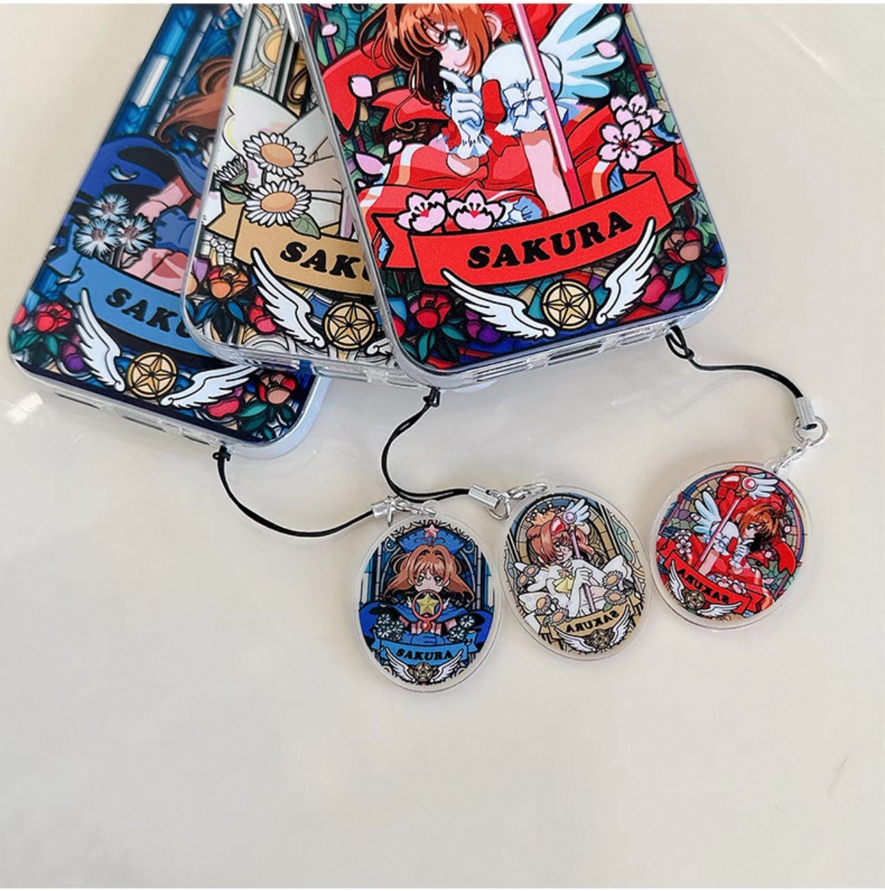 Japanese Cartoon CardCaptorSakura Glass Window Version with Strap & Stand | Red Blue Yellow - iPhone Case 6 7 8 PLUS SE2 XS XR X 11 12 13 14 15 Pro Promax 12mini 13mini KawaiiGiftLand