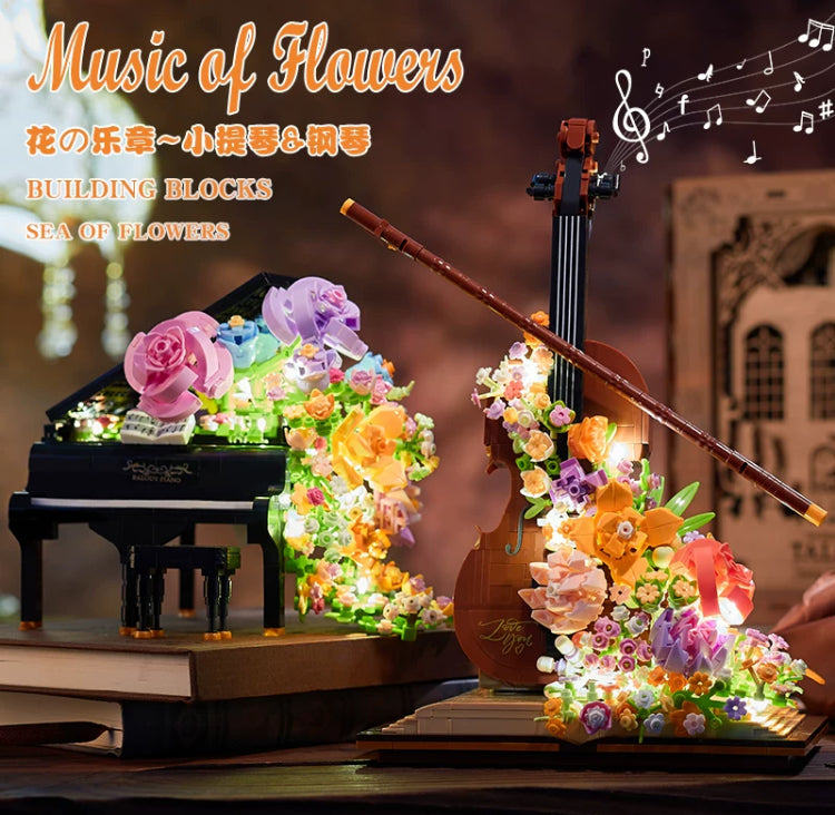 Mini Block Building Music of Flowers | Romantic Violin Piano - with LED Lights DIY Handmade Gift KawaiiGiftLand