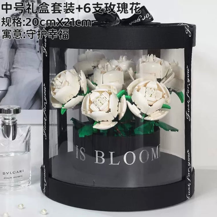 Block Building Romantic Elernal Flowers Bouquet Gift Box | Pink Red Blue White Rose - with LED Lights Valentine Wedding Gift DIY Handmade Gift