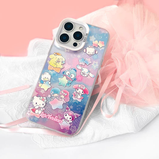 Japanese Cartoon Sanrio Pastel Starry Party Laser Case | Hello Kitty Lttle Twin Stars My Melody Kuromi Cinnamoroll Pompompurin Hangyodon AhirunoPekkle Cogimyun - Phone Case Samsung Galaxy S26 S25 S24 S23 S22 S21 FE Ultra Edge
