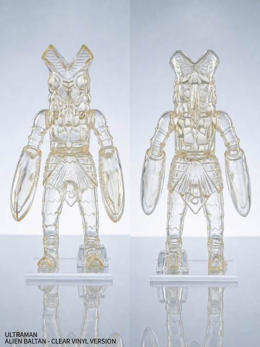 Front and back view of the clear vinyl Ultraman Alien Baltan 25cm figure by Play Toy, showcasing its transparent PVC-vinyl body and iconic large claws against a light background, as seen in baltan_clean.png.