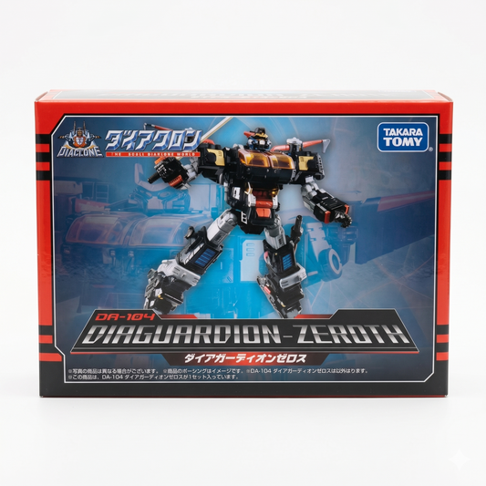 Front panel of the Takara Tomy Diaclone DA-104 packaging box showing a dynamic action shot of the assembled black and silver Diaguardion-Zeroth mecha over a blue glowing background.