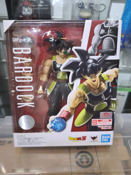 Front window box packaging of the Bandai S.H.Figuarts Bardock action figure with official Dragon Ball Z and Tamashii Nations silver quality stickers.