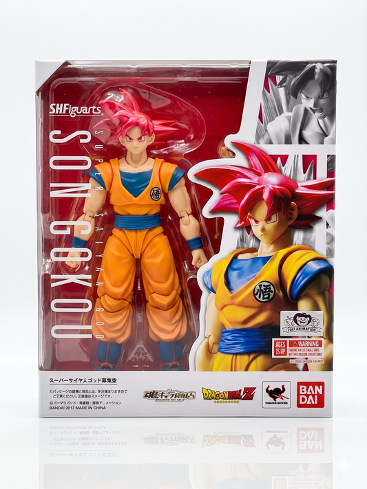 Front window box packaging of the Bandai S.H.Figuarts Super Saiyan God Son Goku action figure featuring a metallic Tamashii web shop quality emblem.