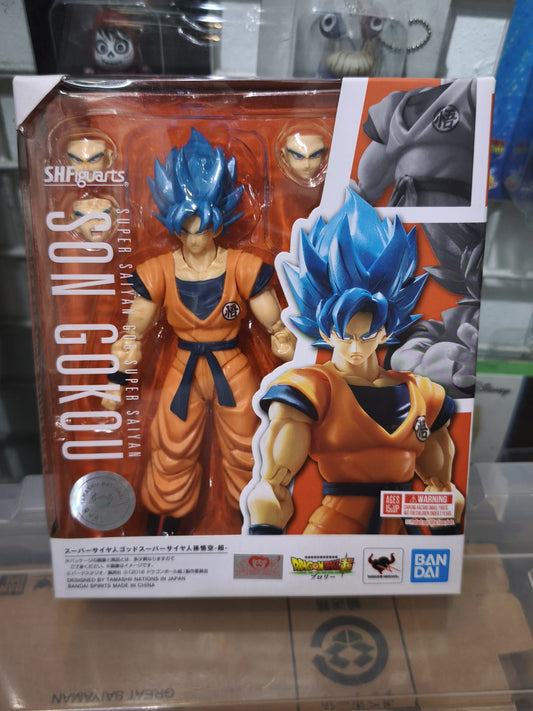 Front window box packaging of the Bandai S.H.Figuarts Super Saiyan God Super Saiyan Son Goku -Super- action figure with an official Toei Animation sticker.