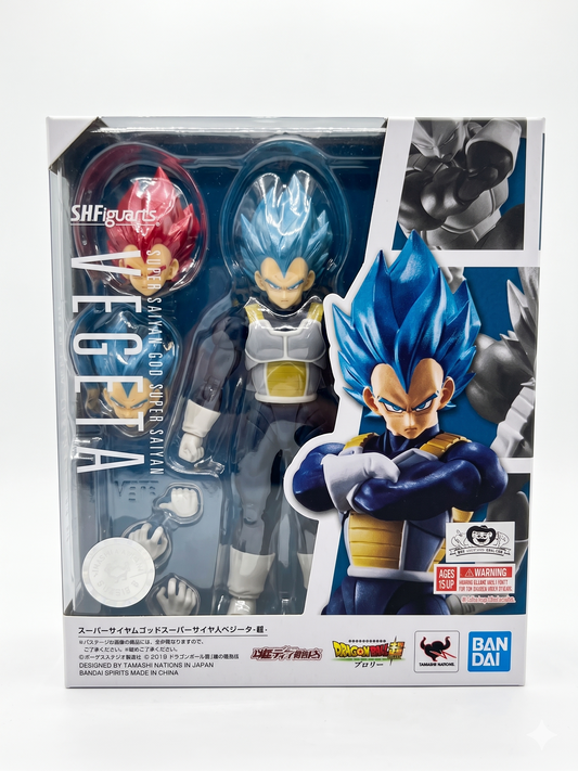 Front window box packaging of the Bandai S.H.Figuarts Super Saiyan God Super Saiyan Vegeta -Super- action figure with movie branding and interchangeable red head displayed.