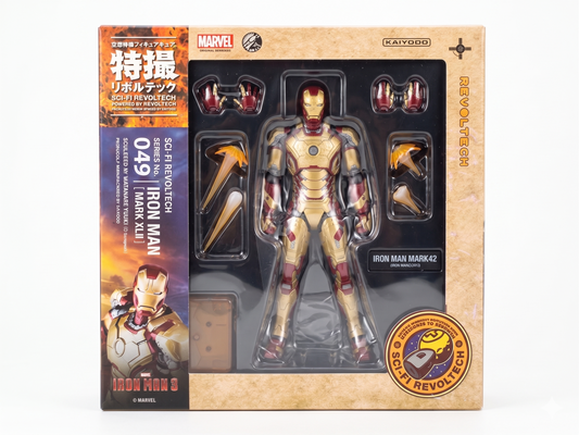 Front window box packaging of the Kaiyodo Sci-Fi Revoltech No. 049 Iron Man Mark XLII action figure with gold-dominant armor plating and official Marvel licensing seals.
