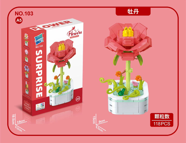 Mini Block Building Flower Series 1  | Daisy Pink Rose Sunflower - Tiny Particle Assembly DIY Handmade Gift KawaiiGiftLand