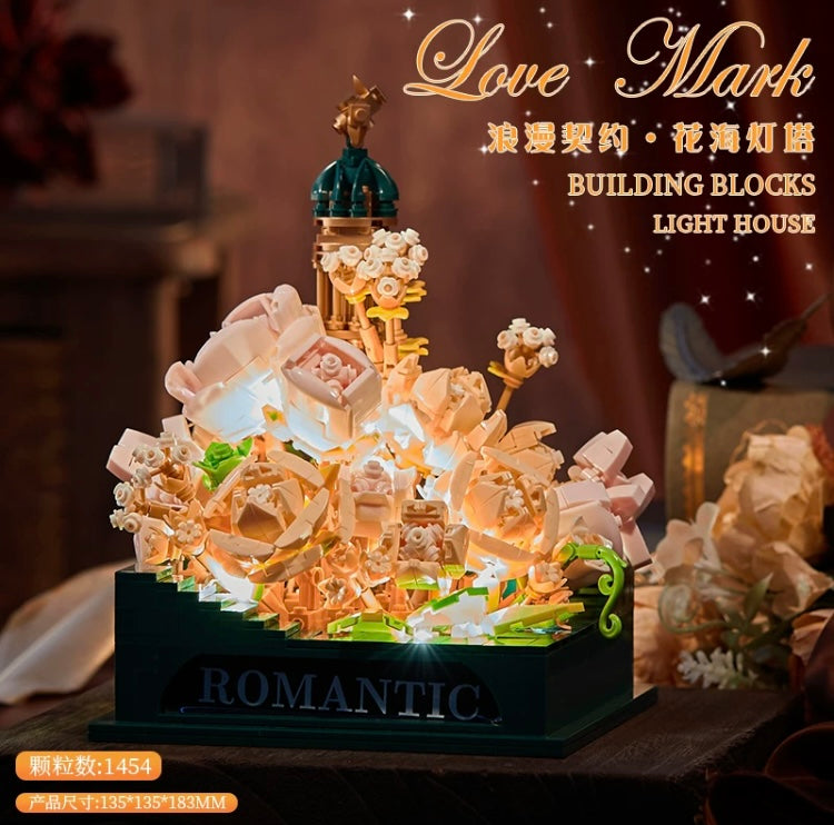 Mini Block Building Romantic LightHouse with Flower - with LED Lights DIY Valentine Handmade Gift KawaiiGiftLand