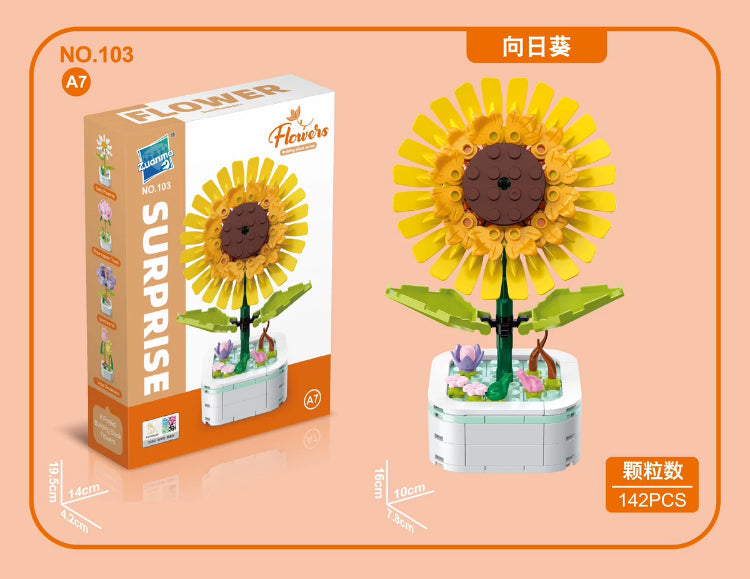Mini Block Building Flower Series 1  | Daisy Pink Rose Sunflower - Tiny Particle Assembly DIY Handmade Gift KawaiiGiftLand