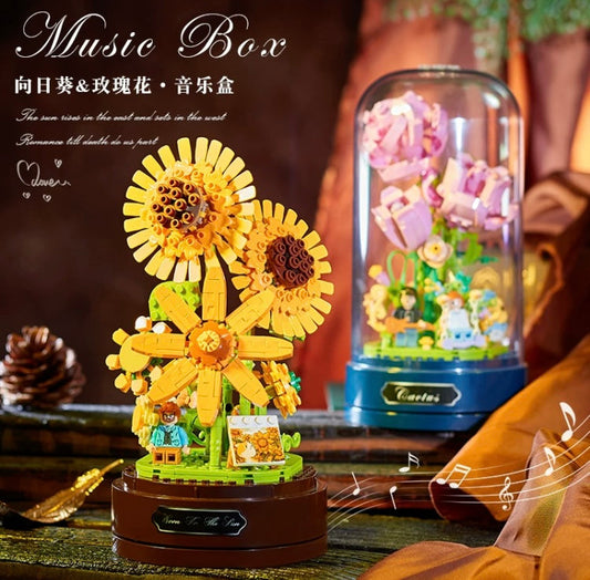 Mini Block Building Romantic Flower Music Box | SunFlower Rose - with LED Lights DIY Valentine Handmade Gift