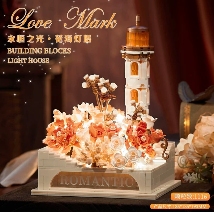 Mini Block Building Romantic LightHouse with Flower - with LED Lights DIY Valentine Handmade Gift KawaiiGiftLand