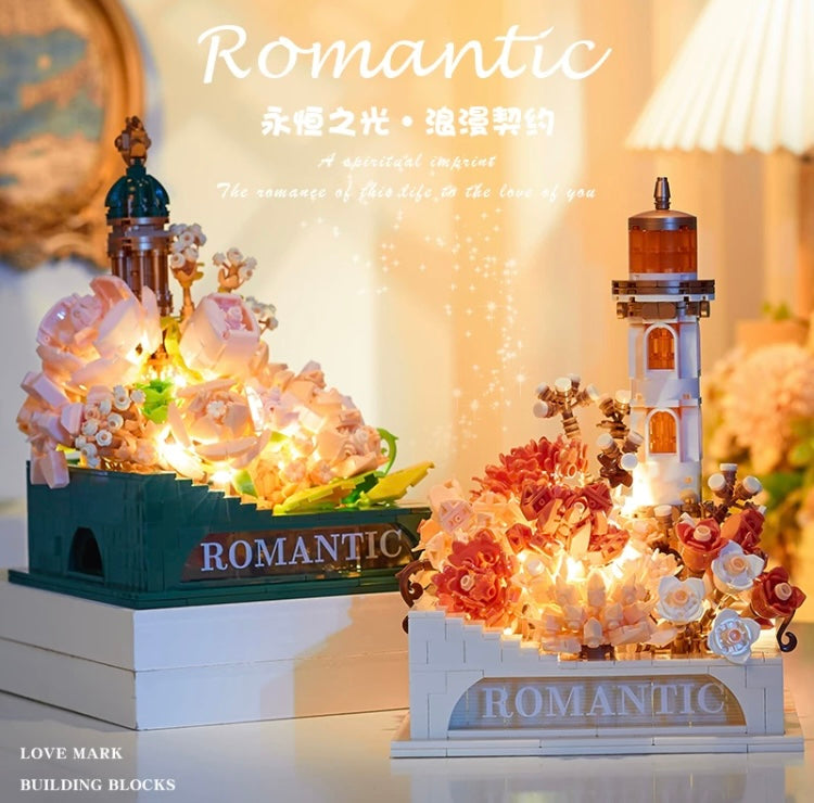 Mini Block Building Romantic LightHouse with Flower - with LED Lights DIY Valentine Handmade Gift KawaiiGiftLand