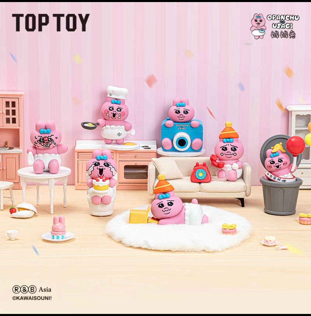 Full lineup display of the TOPTOY Opanchu Usagi Cursed Birthday Series toy figures set against a pastel pink kitchen and living room diorama backdrop.