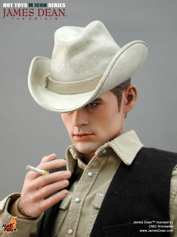 Hot Toys M Icon Series James Dean Cowboy Version action figure collectible box featuring a denim-textured design and a sketch of James Dean in a cowboy hat.