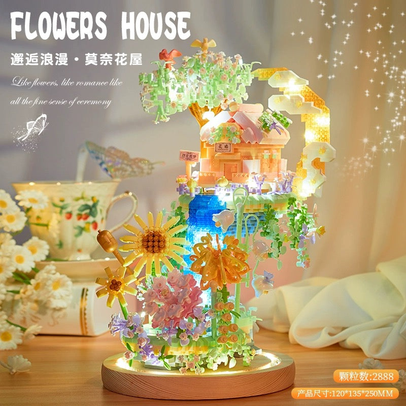 Mini Block Building Romantic Flower Tree House - with LED Lights DIY Valentine Handmade Gift KawaiiGiftLand
