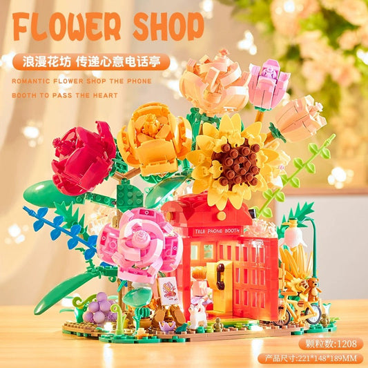 Mini Block Building Romantic Flower | Flower Telephone Booth - with LED Lights DIY Valentine Handmade Gift