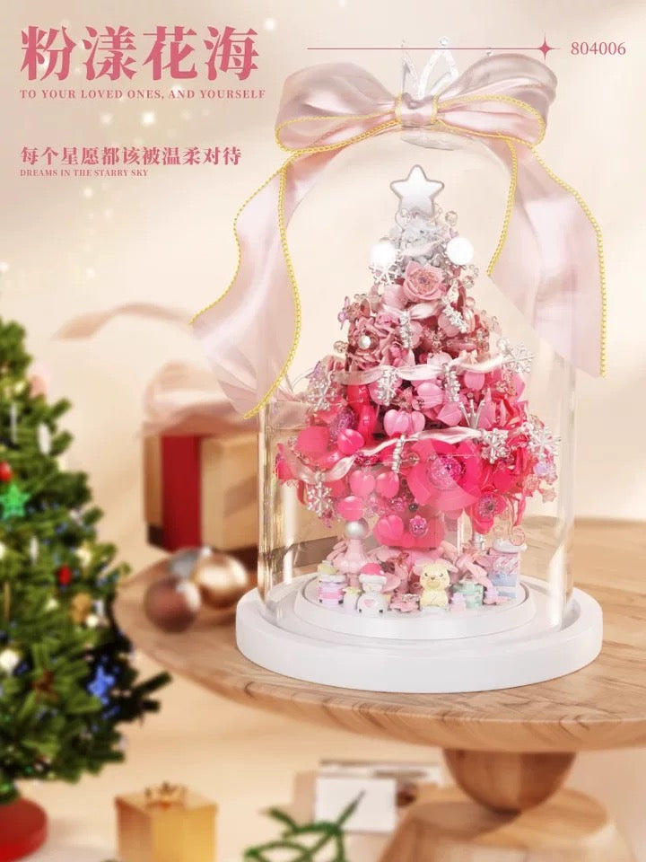 Mini Block Building Flower Christmas Tree with Cover | Pink Purple - with LED Lights Valentine Gift DIY Handmade Xmas Gift KawaiiGiftLand