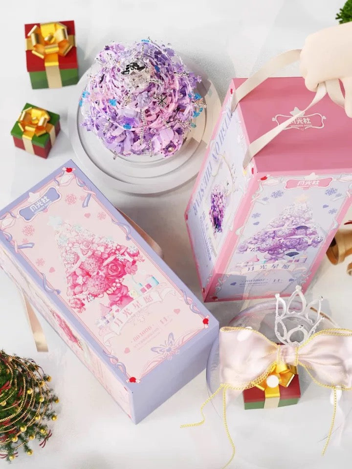 Mini Block Building Flower Christmas Tree with Cover | Pink Purple - with LED Lights Valentine Gift DIY Handmade Xmas Gift KawaiiGiftLand