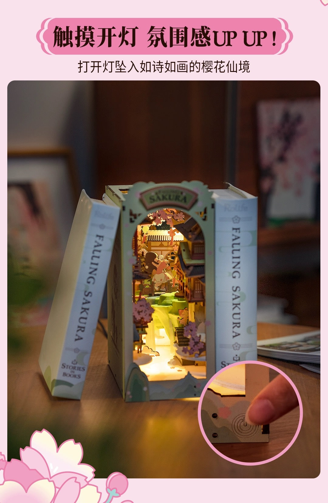 Craft Kits Wooden Booknook & Wonderland | Falling Sakura - DIY Handmade Mini World Miniature Gift with LED Light