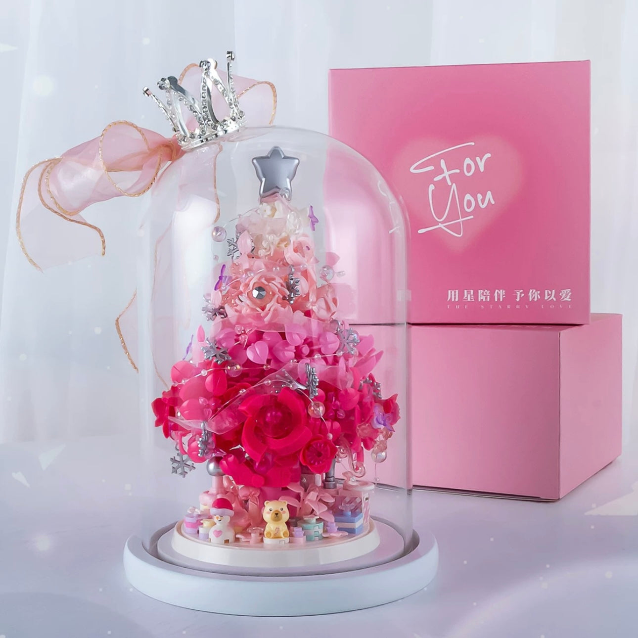 Mini Block Building Flower Christmas Tree with Cover | Pink Purple - with LED Lights Valentine Gift DIY Handmade Xmas Gift KawaiiGiftLand
